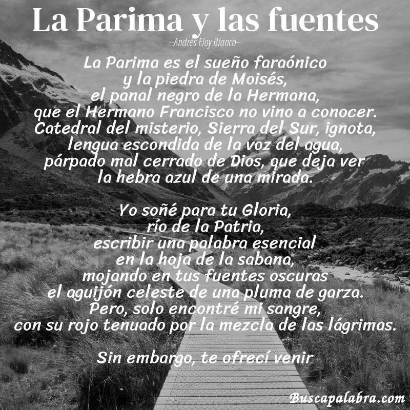 Poema La Parima y las fuentes de Andrés Eloy Blanco con fondo de paisaje