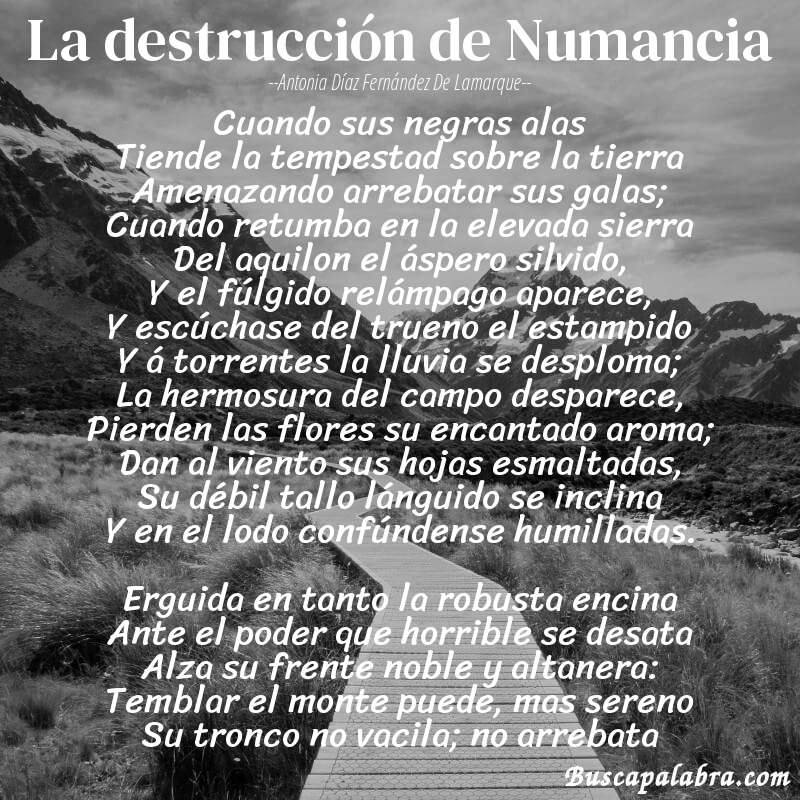 Poema La destrucción de Numancia de Antonia Díaz Fernández de Lamarque con fondo de paisaje