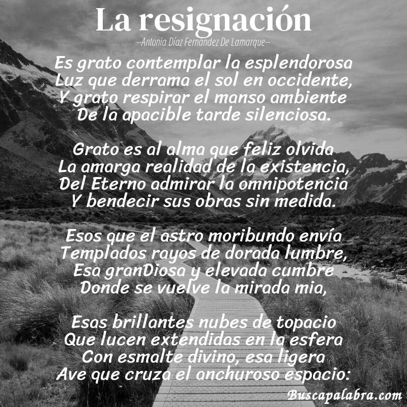 Poema La resignación de Antonia Díaz Fernández de Lamarque con fondo de paisaje