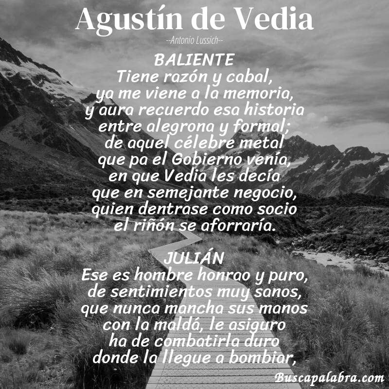 Poema Agustín de Vedia de Antonio Lussich con fondo de paisaje