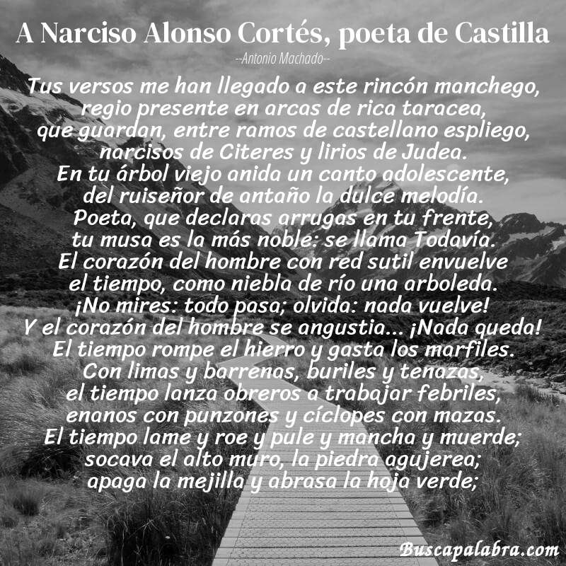 Poema A Narciso Alonso Cortés, poeta de Castilla de Antonio Machado con fondo de paisaje