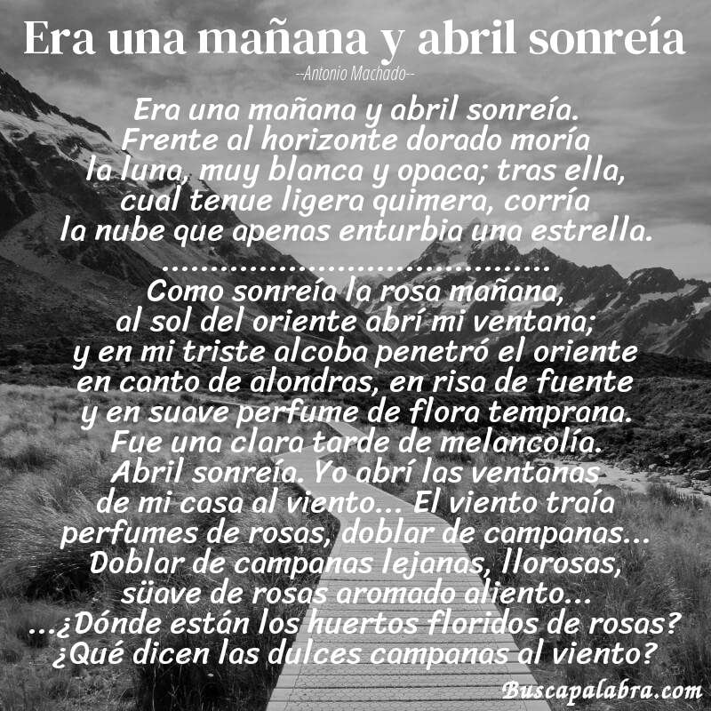 Poema Era una mañana y abril sonreía de Antonio Machado con fondo de paisaje