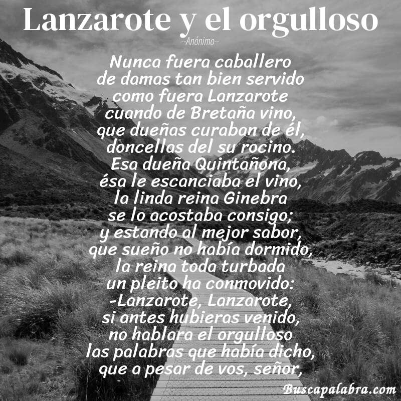 Poema Lanzarote y el orgulloso de Anónimo con fondo de paisaje