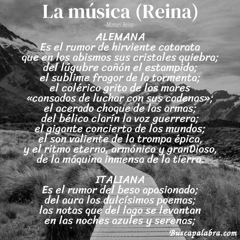 Poema La música (Reina) de Manuel Reina con fondo de paisaje