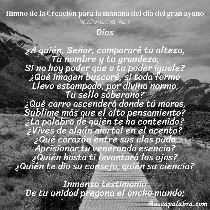 Poema Himno de la Creación para la mañana del día del gran ayuno de Marcelino Menéndez y Pelayo con fondo de paisaje