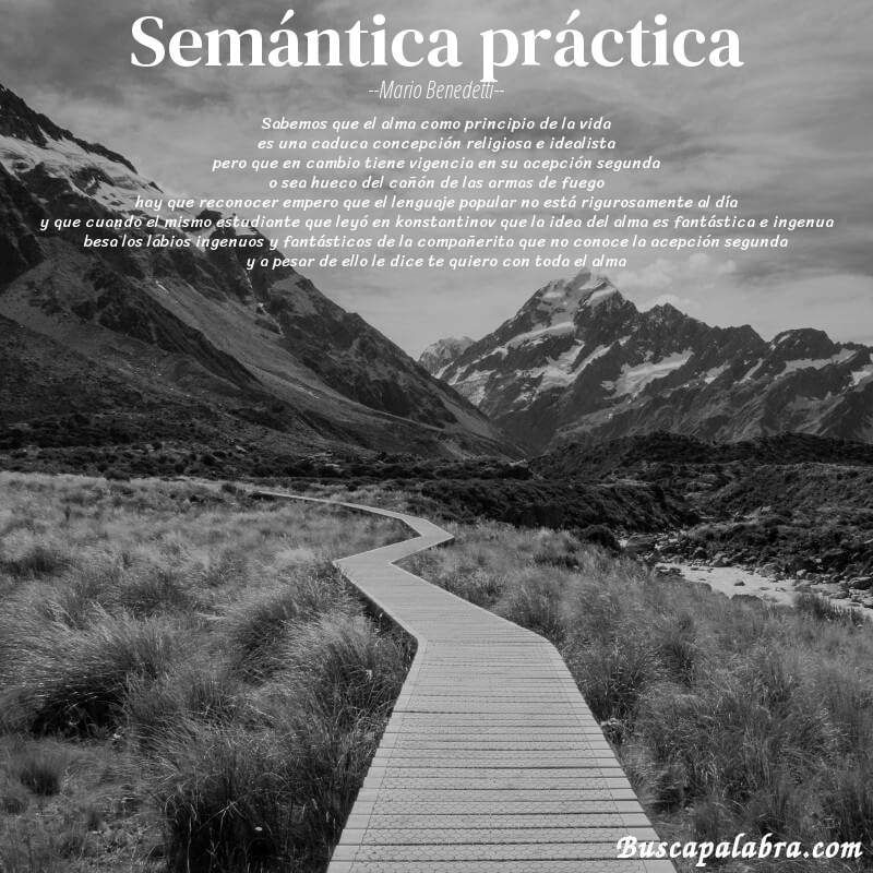 Poema semántica práctica de Mario Benedetti con fondo de paisaje