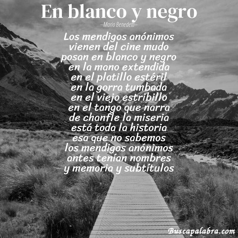Poema en blanco y negro de Mario Benedetti con fondo de paisaje
