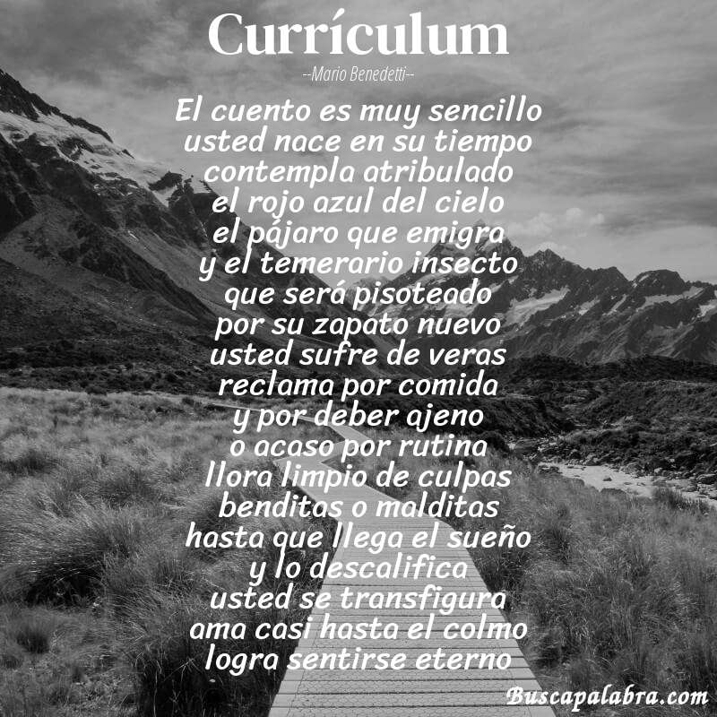 Poema currículum de Mario Benedetti con fondo de paisaje