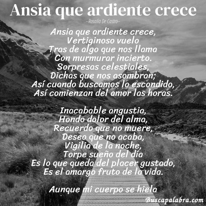 Poema Ansia que ardiente crece de Rosalía de Castro con fondo de paisaje