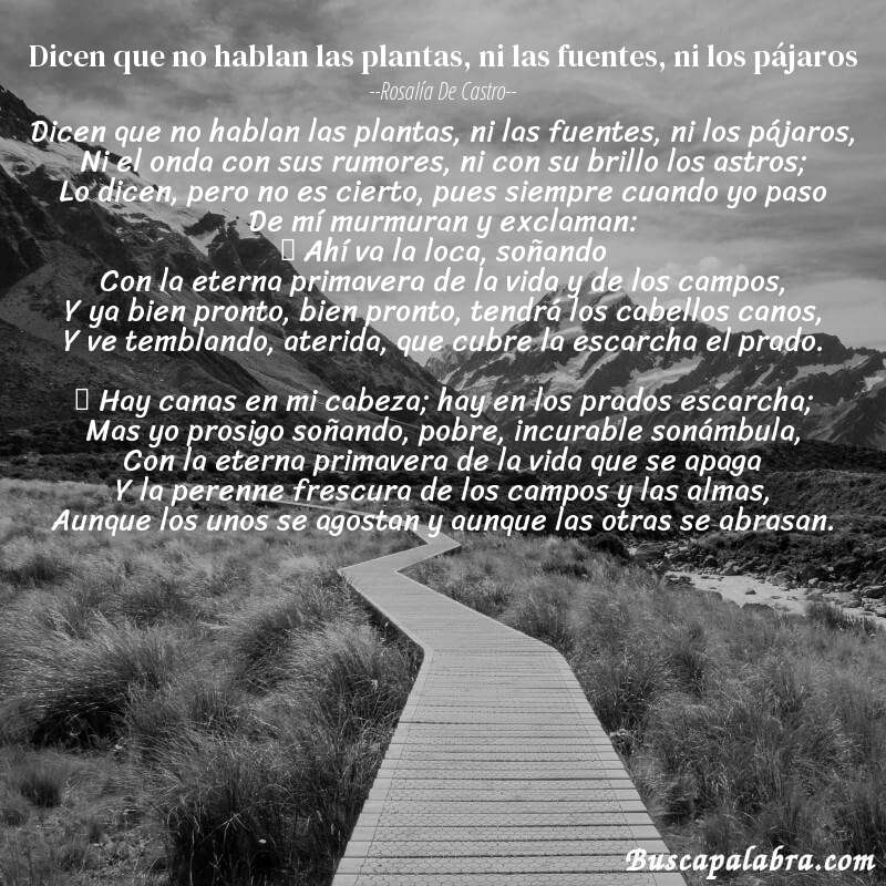 Poema Dicen que no hablan las plantas, ni las fuentes, ni los pájaros de Rosalía de Castro con fondo de paisaje