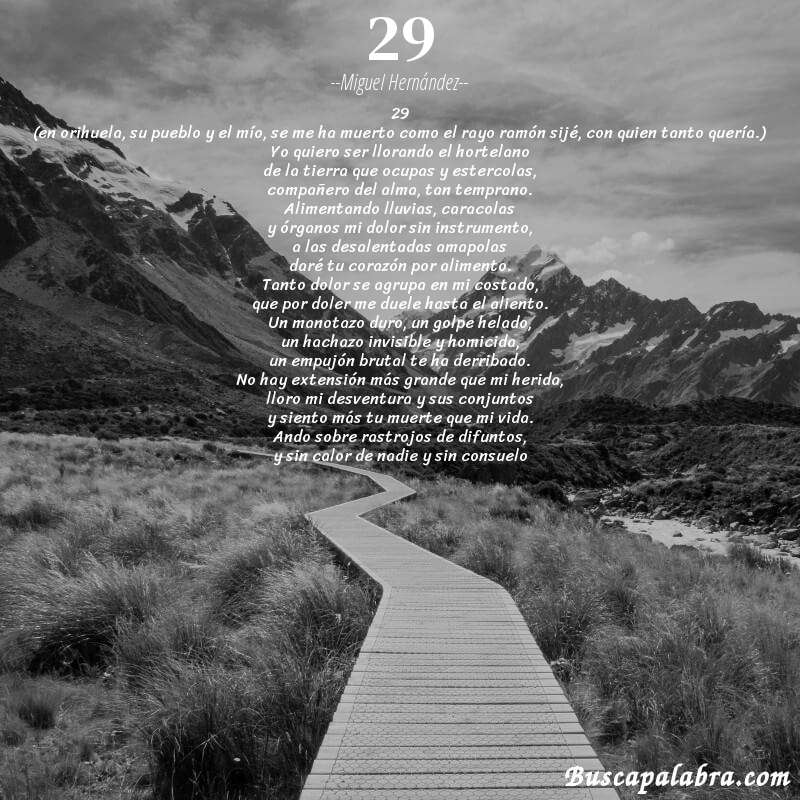 Poema 29 de Miguel Hernández con fondo de paisaje