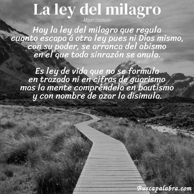 Poema La ley del milagro de Miguel Unamuno con fondo de paisaje