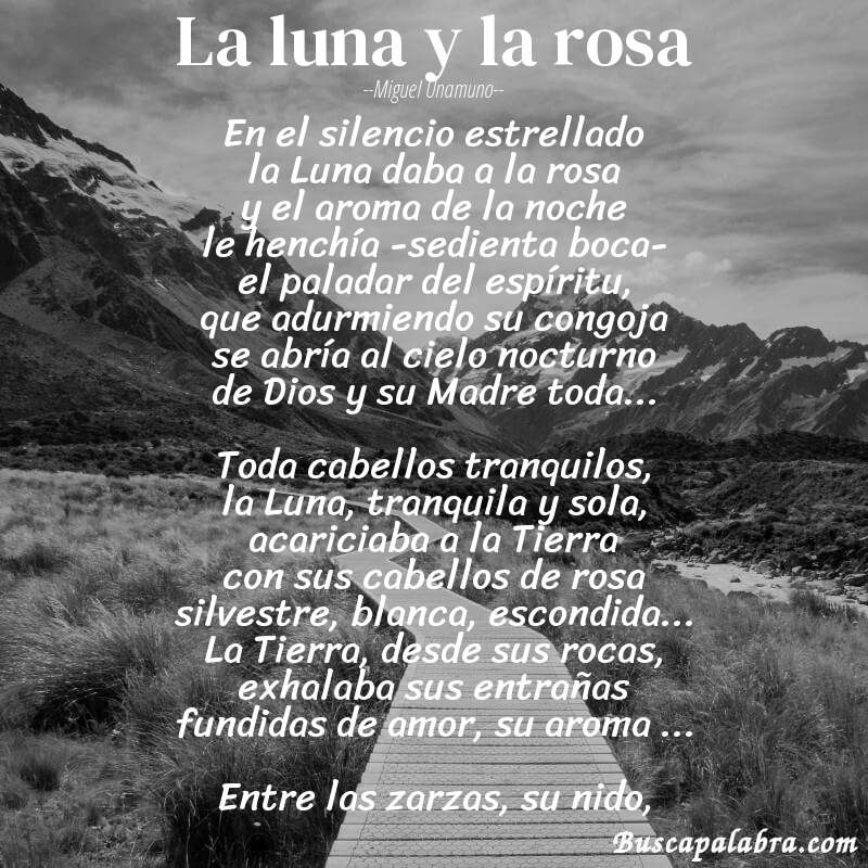 Poema La luna y la rosa de Miguel Unamuno con fondo de paisaje