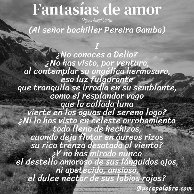 Poema Fantasías de amor de Miguel Ángel Corral con fondo de paisaje