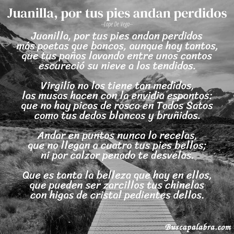 Poema Juanilla, por tus pies andan perdidos de Lope de Vega con fondo de paisaje