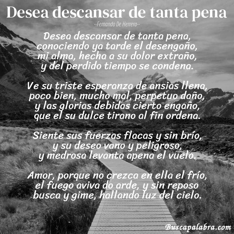 Poema Desea descansar de tanta pena de Fernando de Herrera con fondo de paisaje