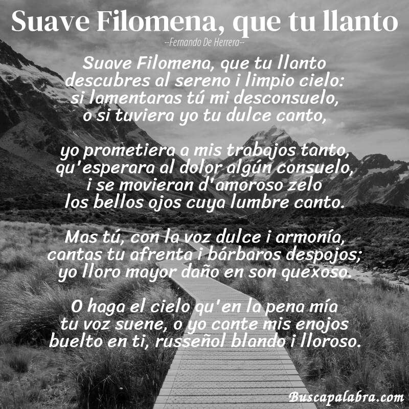 Poema Suave Filomena, que tu llanto de Fernando de Herrera con fondo de paisaje