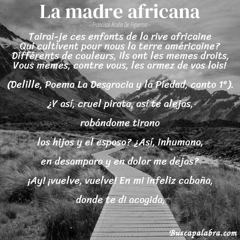 Poema La madre africana de Francisco Acuña de Figueroa con fondo de paisaje