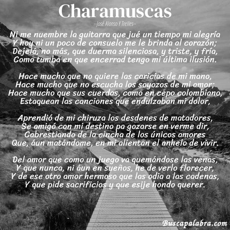 Poema Charamuscas de José Alonso y Trelles con fondo de paisaje