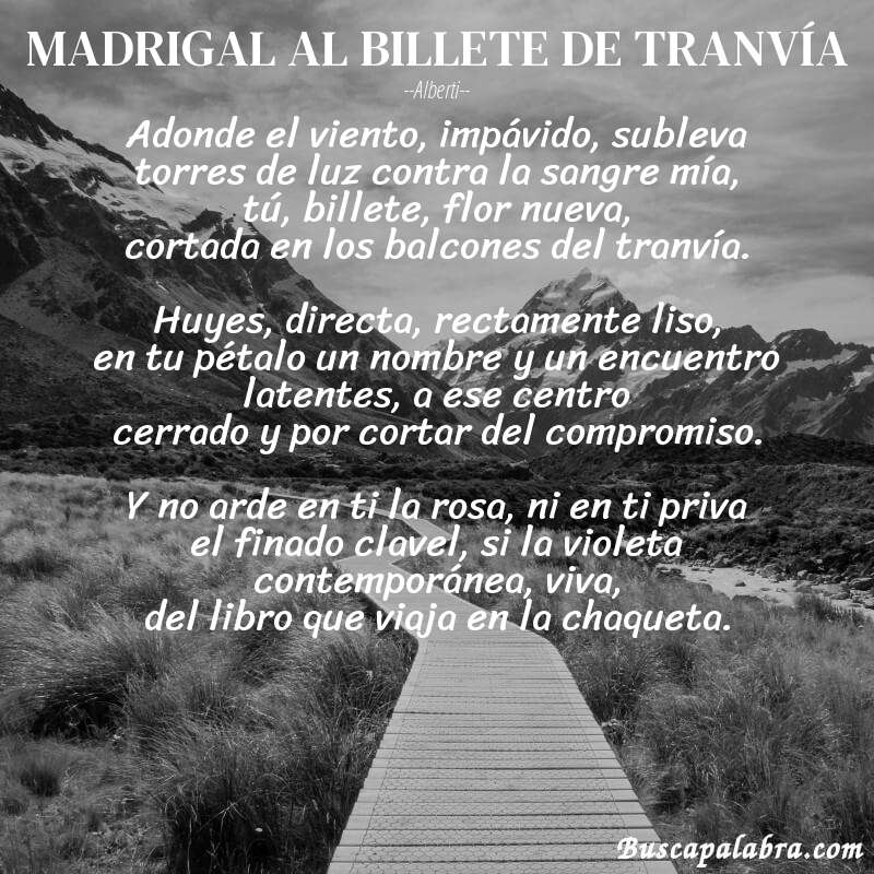 Poema MADRIGAL AL BILLETE DE TRANVÍA de Alberti con fondo de paisaje
