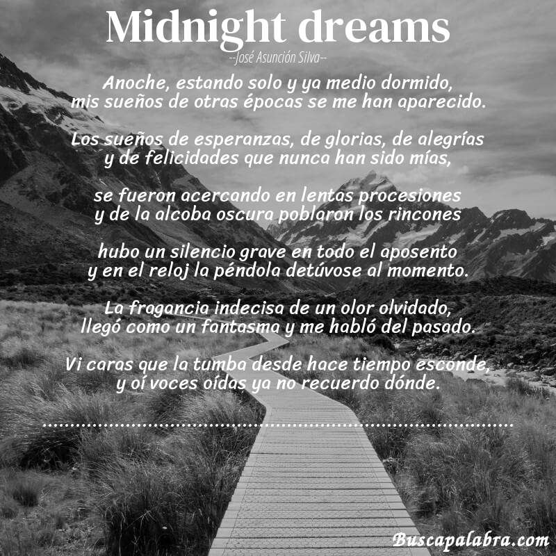 Poema Midnight dreams de José Asunción Silva con fondo de paisaje