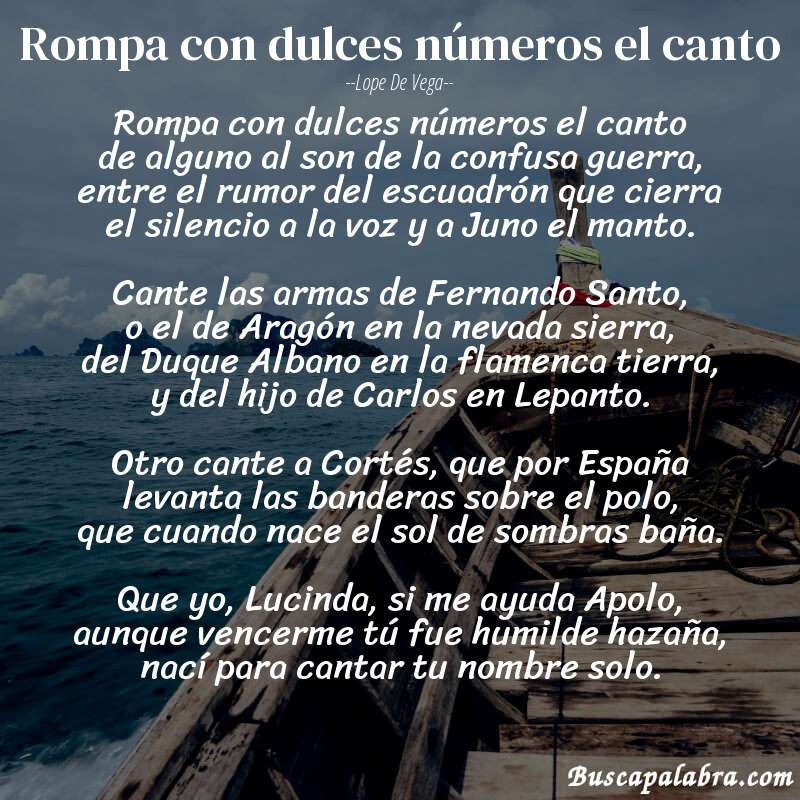 Poema Rompa con dulces números el canto de Lope de Vega con fondo de barca