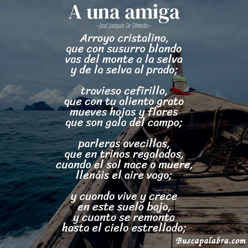 Poema A una amiga de José Joaquín de Olmedo con fondo de barca