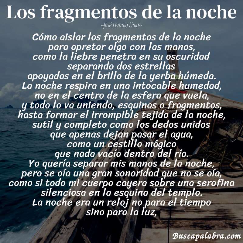 Poema los fragmentos de la noche de José Lezama Lima con fondo de barca