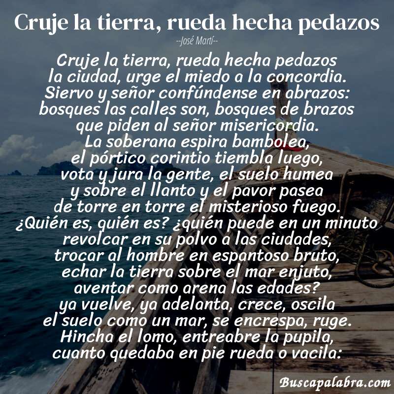 Poema cruje la tierra, rueda hecha pedazos de José Martí con fondo de barca