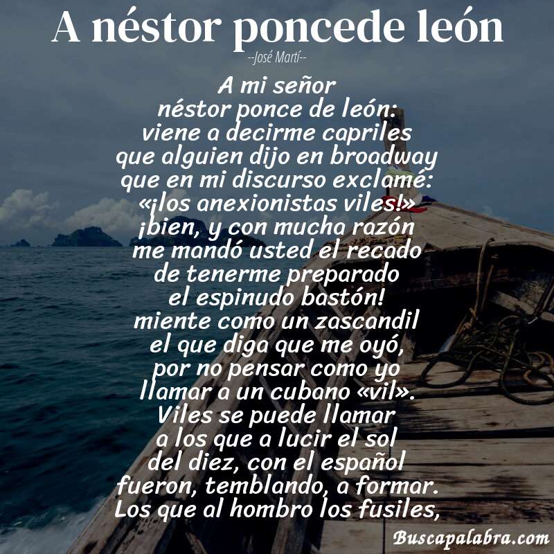 Poema a néstor poncede león de José Martí con fondo de barca