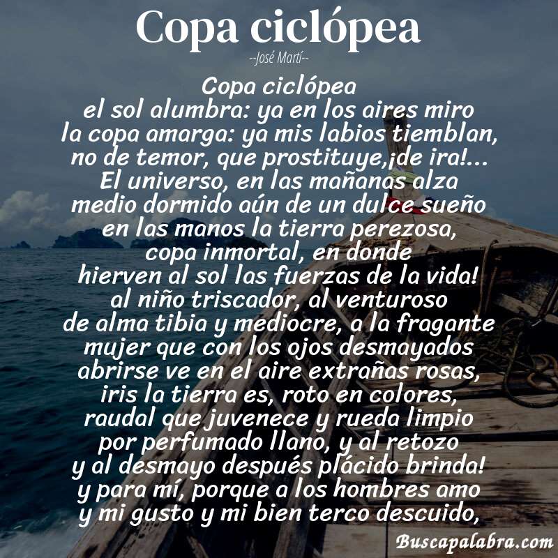 Poema copa ciclópea de José Martí con fondo de barca