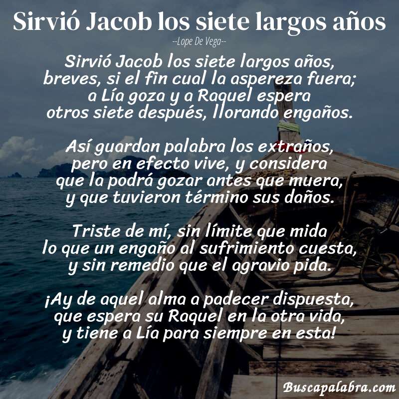 Poema Sirvió Jacob los siete largos años de Lope de Vega con fondo de barca