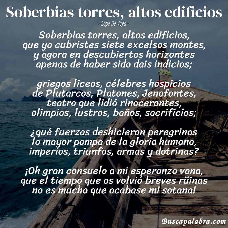 Poema Soberbias torres, altos edificios de Lope de Vega con fondo de barca