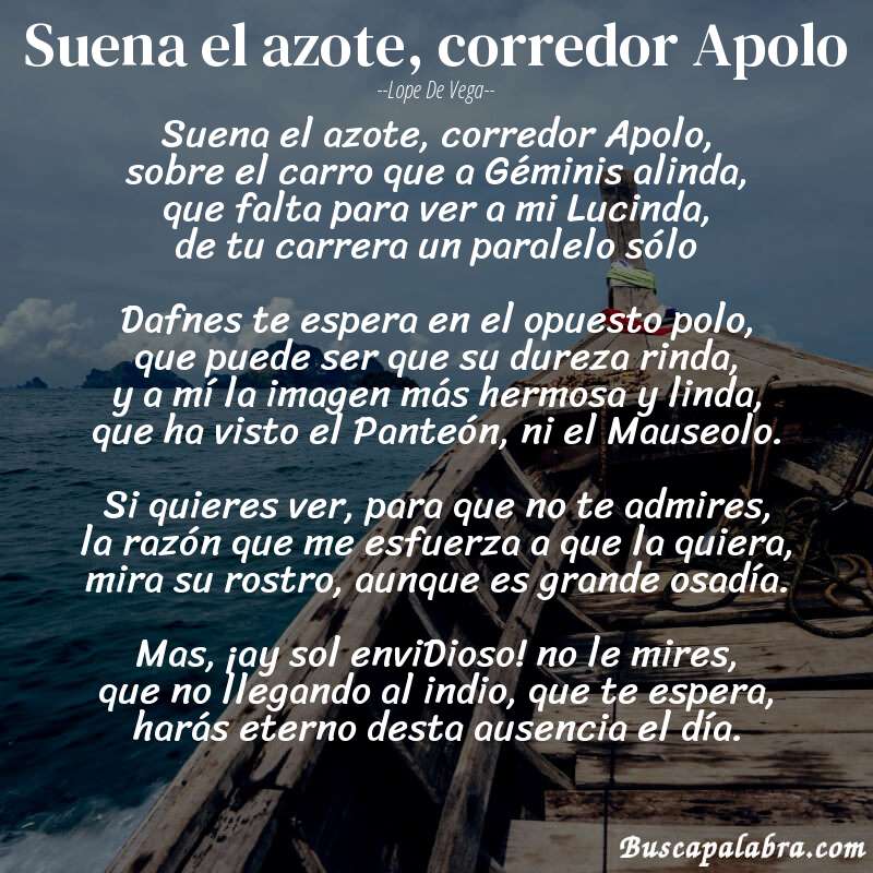 Poema Suena el azote, corredor Apolo de Lope de Vega con fondo de barca