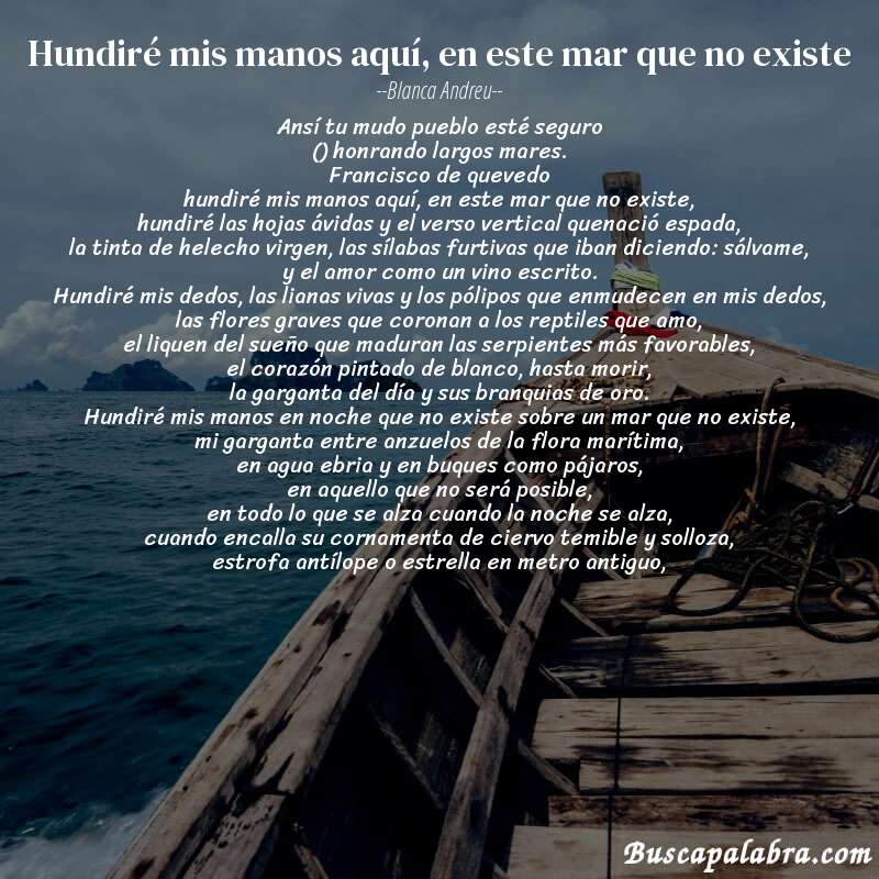 Poema hundiré mis manos aquí, en este mar que no existe de Blanca Andreu con fondo de barca