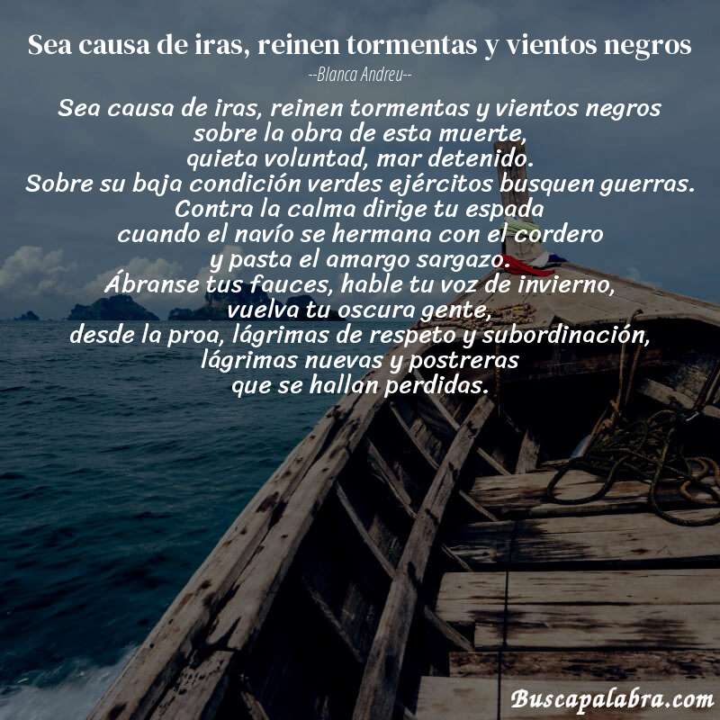Poema sea causa de iras, reinen tormentas y vientos negros de Blanca Andreu con fondo de barca