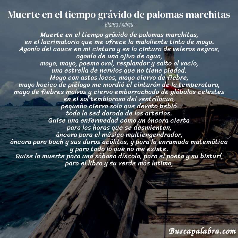 Poema muerte en el tiempo grávido de palomas marchitas de Blanca Andreu con fondo de barca