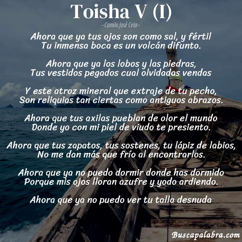Poema Toisha V (I) de Camilo José Cela con fondo de barca