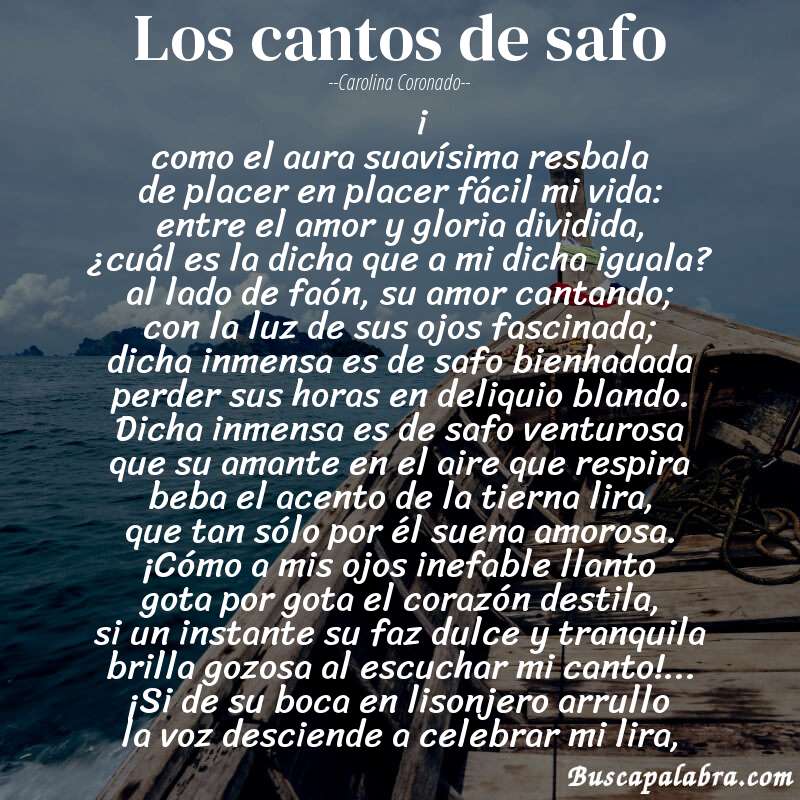 Poema los cantos de safo de Carolina Coronado con fondo de barca