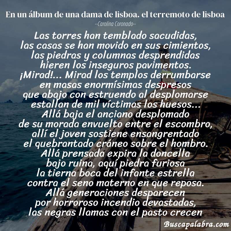 Poema en un álbum de una dama de lisboa. el terremoto de lisboa de Carolina Coronado con fondo de barca