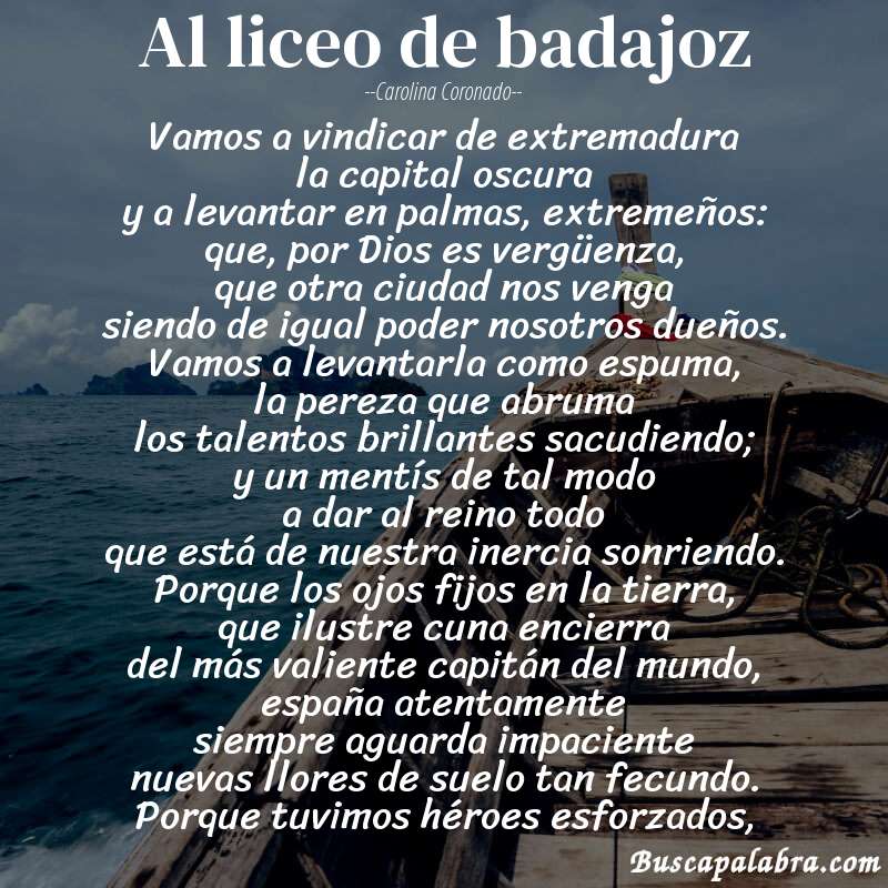 Poema al liceo de badajoz de Carolina Coronado con fondo de barca