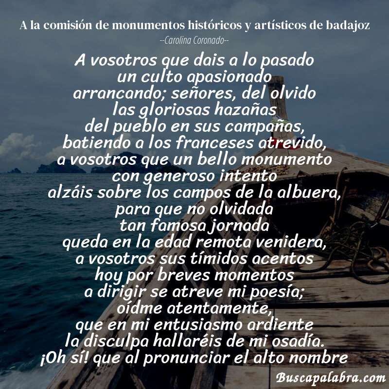 Poema a la comisión de monumentos históricos y artísticos de badajoz de Carolina Coronado con fondo de barca