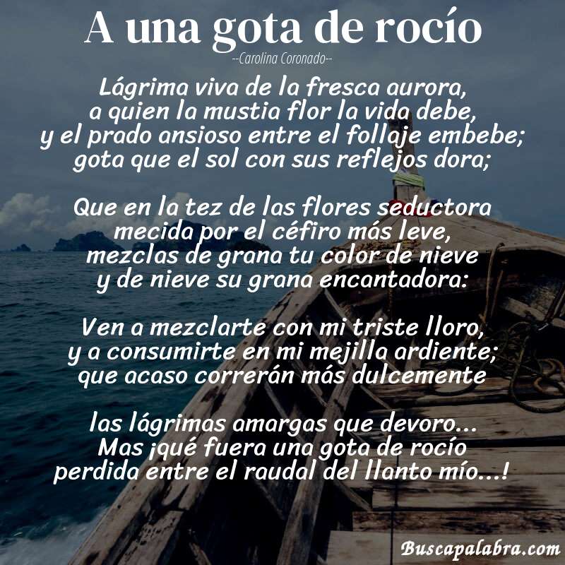 Poema A una gota de rocío de Carolina Coronado con fondo de barca