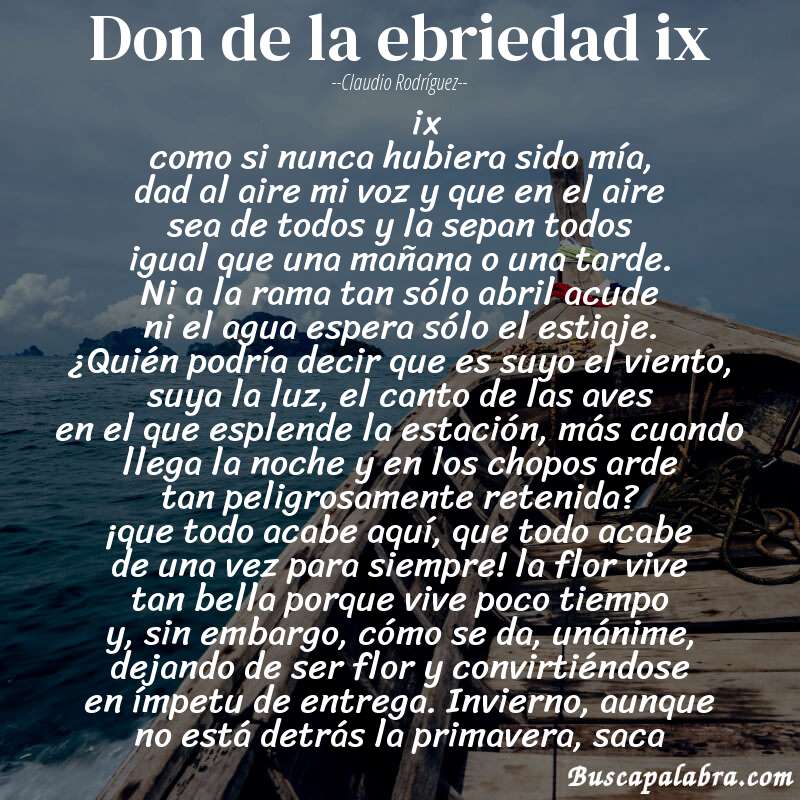 Poema don de la ebriedad ix de Claudio Rodríguez con fondo de barca