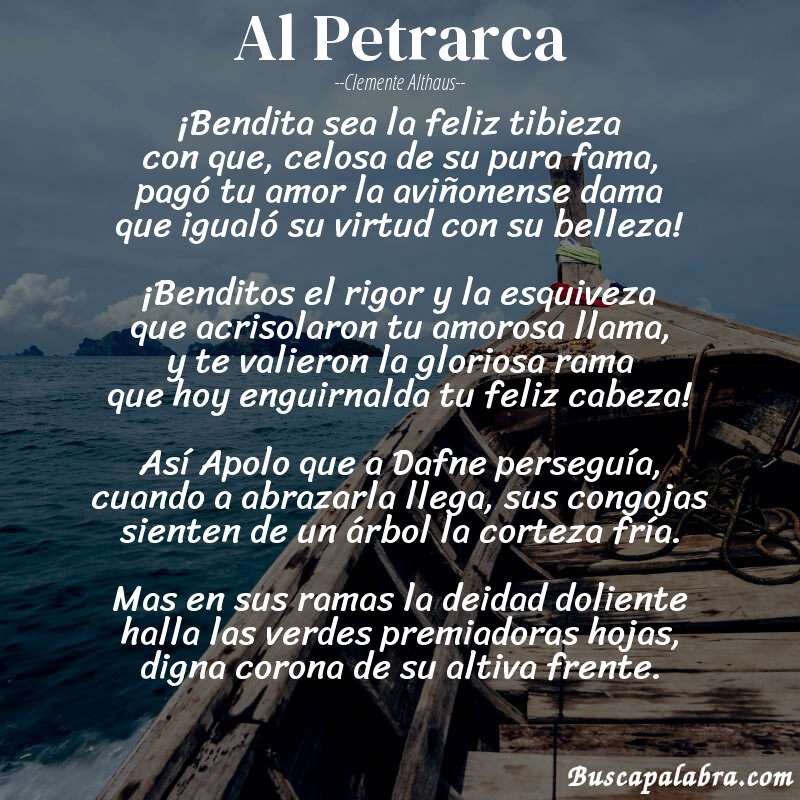 Poema Al Petrarca de Clemente Althaus con fondo de barca