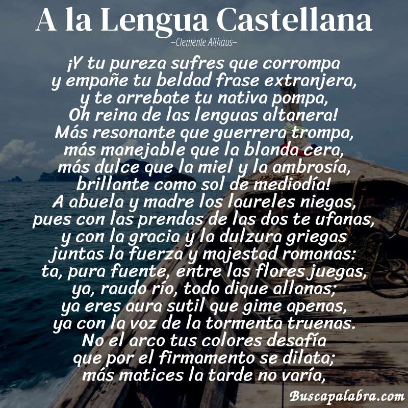 Poema A la Lengua Castellana de Clemente Althaus con fondo de barca