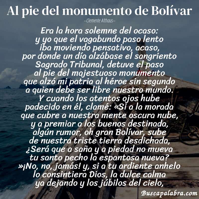 Poema Al pie del monumento de Bolívar de Clemente Althaus con fondo de barca