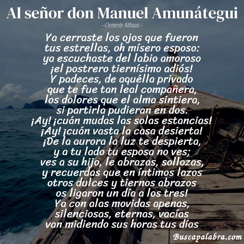 Poema Al señor don Manuel Amunátegui de Clemente Althaus con fondo de barca