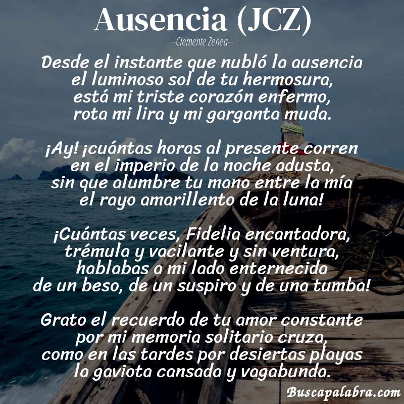 Poema Ausencia (JCZ) de Clemente Zenea con fondo de barca