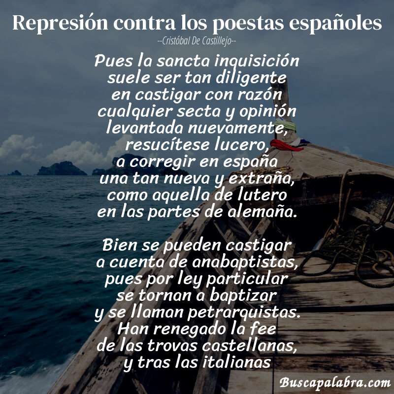 Poema represión contra los poestas españoles de Cristóbal de Castillejo con fondo de barca